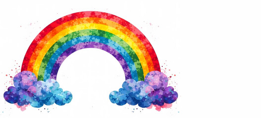 Watercolor rainbow with clouds and copy space. Bright watercolor-style rainbow with fluffy colorful clouds on a white background, featuring ample copy space, ideal for Pride Month posters, invitations