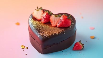 Delicious heart-shaped chocolate cake with strawberries romantic setting food photography colorful background top view love and celebration