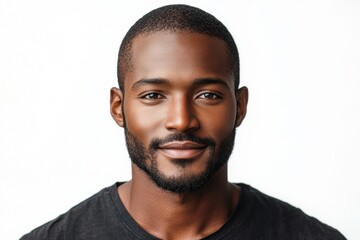 Obraz premium A smiling African American man poses in front of a white backdrop