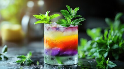 Vibrant layered cocktail with mint leaves and ice on a dark background.