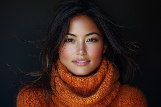 A happy 40-something Chinese woman in a cozy sweater stands in front of an abstract background