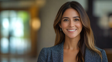 Happy young Hispanic professional business woman using tab standing in office. Happy businesswoman manager female executive leader holding tab at work