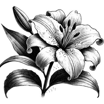 a lily with leaf, sketch engraving black and white