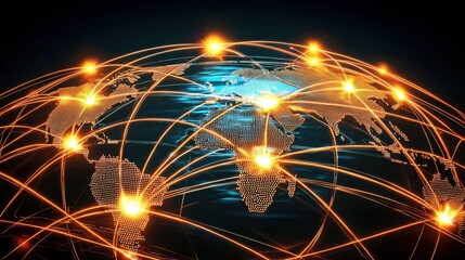 Glowing network connecting illuminated points on a dark blue and black background, depicting global interconnectedness.
