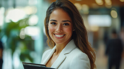 Happy young Hispanic professional business woman using tab standing in office. Happy businesswoman manager female executive leader holding tab at work