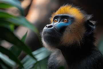 Fototapeta premium A stunning close-up of a mandrill in its natural African habitat. Vivid colors, piercing eyes, and intricate fur details make this portrait a striking wildlife capture.