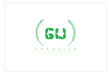 GU letters eco logo with leaf. Fresh nature and healthy leaf logo design.