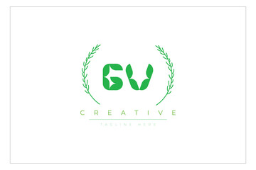 GV letters eco logo with leaf. Fresh nature and healthy leaf logo design.