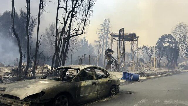 POV shot inside a car driving in a conflagration area in Pacific Palisades, LA