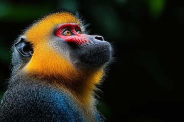 A stunning close-up of a mandrill in its natural African habitat. Vivid colors, piercing eyes, and intricate fur details make this portrait a striking wildlife capture.