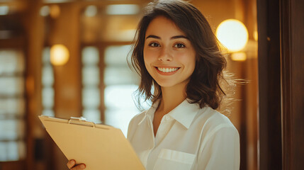 Happy young Hispanic professional business woman using tab standing in office. Happy businesswoman manager female executive leader holding tab at work