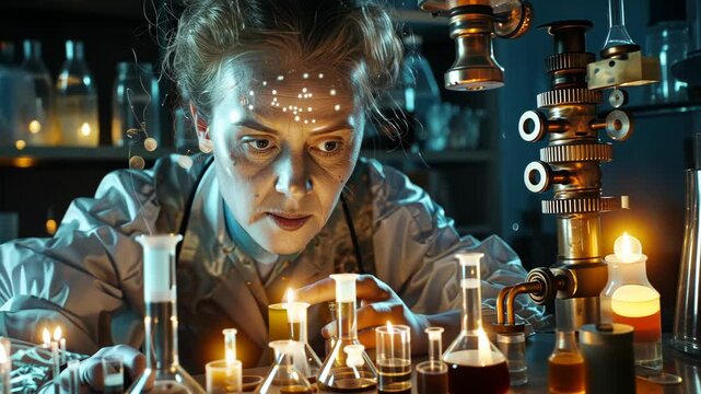 Marie Curie in deep study over a luminescent test tube, surrounded by authentic apparatus