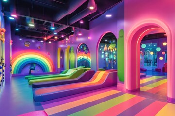 Bright and colorful indoor play area designed for children featuring gym equipment and playful decor in a vibrant rainbow theme