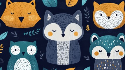 Obraz premium Colorful cartoon owls and foxes forest background digital illustration whimsical style