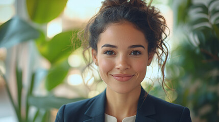 Happy young Hispanic professional business woman using tab standing in office. Happy businesswoman manager female executive leader holding tab at work