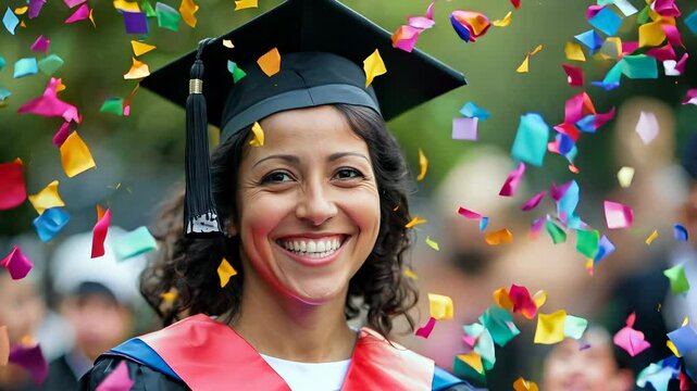 Jubilant woman graduate beaming with pride, surrounded by falling multicolored confetti during university commencement marking academic milestone with confetti - video 4K