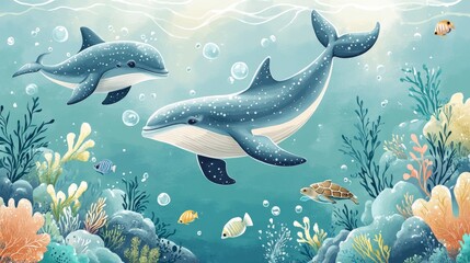 Fototapeta premium Whales swimming gracefully underwater coral reef digital art ocean side view marine life