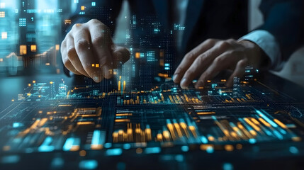 Hands interacting with a futuristic digital interface displaying glowing blue and yellow data graphs, holographic elements, and technology visuals in a business setting