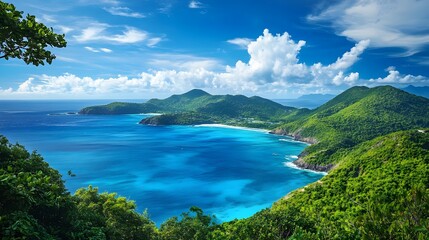 Lush Green Mountains Encircling Turquoise Tropical Bay