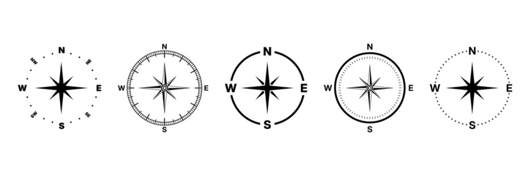 Set of compass icons. Navigation compasses icons set. Compass symbols vector illustration