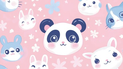 Cute cartoon animals featuring pandas and bunnies on pink background whimsical design