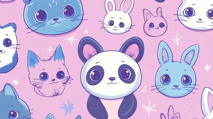 Cute animal illustrations featuring cats and bunnies on pink background digital art playful vibe