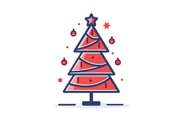 Clean linear icon of a Christmas tree with minimalistic decorations in red. Simple lines, elegant design, high resolution.
