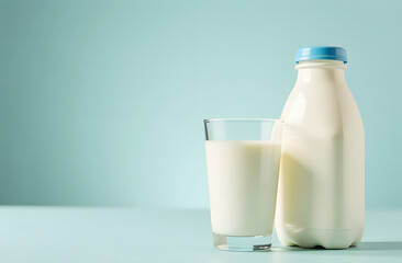 Milk bottle and glass with copy space. Minimalistic composition of a glass and a milk bottle against a pastel blue background, providing ample empty space for text or design