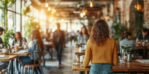 A woman in a cozy sweater stands in a stylish restaurant filled with greenery, waiting to be seated as other guests dine and socialize in the warm afternoon light