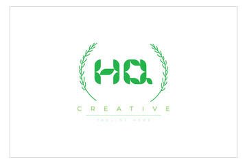 HQ letters eco logo with leaf. Fresh nature and healthy leaf logo design.