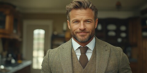 A man with a well-groomed beard and stylish hair smiles warmly while dressed in a tailored suit. The vintage kitchen features wooden cabinets and soft lighting, creating a welcoming atmosphere