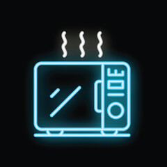 Blue neon microwave oven emitting steam on black background is perfect for minimalist representations of kitchen appliances