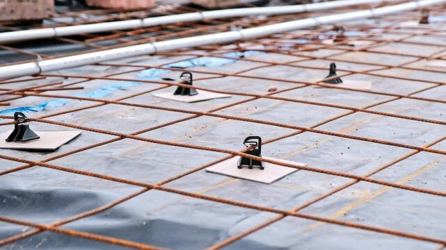 Plastic spacers separate a steel grid from damp proof plastic protection on the floor of a new house