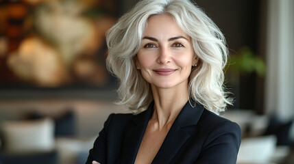 Happy young Hispanic professional business woman using tab standing in office. Happy businesswoman manager female executive leader holding tab at work