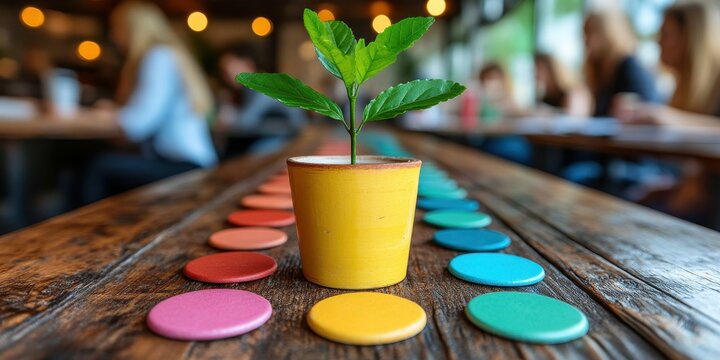 A vibrant yellow pot holds a small green plant, positioned centrally amid an array of colorful disks on a rustic wooden table. Background activity suggests a lively cafe ambiance