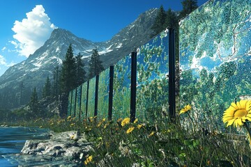 Fototapeta premium Capturing the serene Pedraforca mountain range in Catalonia, Spain, this photo conveys peace with solar panels nestled in a rustic setting, merging the old with the new.