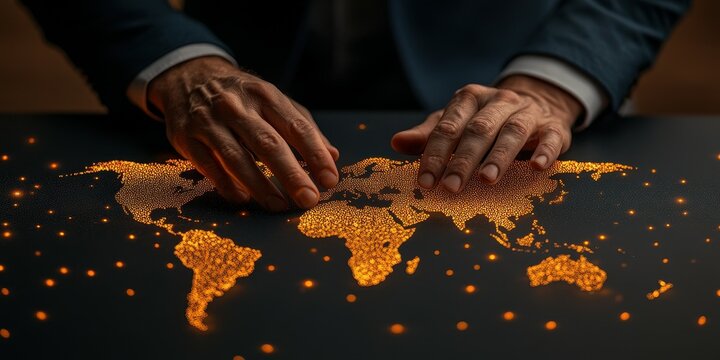 A pair of hands gently touches a glowing world map on a dark table, representing the theme of global connectivity and exploration in a contemporary environment