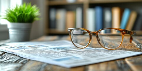 Spectacles rest on a neatly spread newspaper featuring news articles in a comfortable indoor space, with a green plant in the background, indicating a relaxed reading atmosphere