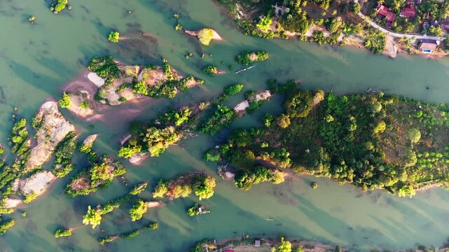 Aerial top down of Mekong river in Laos 4 thousand Islands Don det travel destination