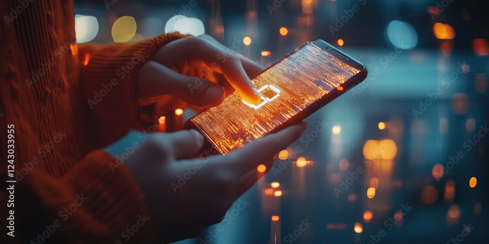 Aufkleber user using mobile phone with digital padlock on internet technology network security with cloud secu
