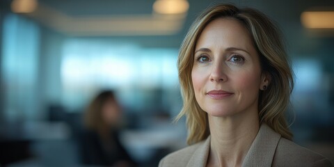 Fototapeta premium A confident woman stands in an open office environment filled with natural light. She appears reflective, showcasing her dedication and professionalism in a corporate atmosphere