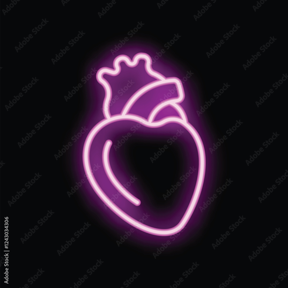 Wall mural Bright pink neon sign is glowing in the dark, depicting a stylized human heart