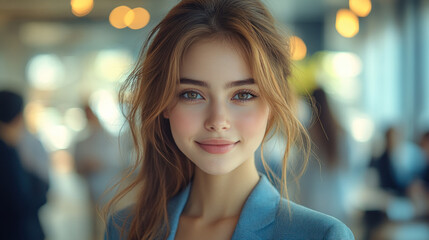 Obraz premium Japanese businesswoman wearing blue smart-casual smiling at office activity