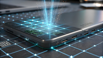 Futuristic Smartphone with Holographic Display and Digital Elements