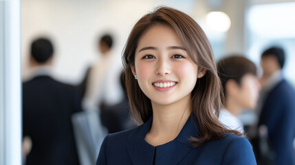 Fototapeta premium Japanese businesswoman wearing blue smart-casual smiling at office activity