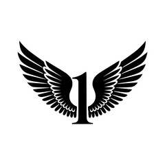 Fototapeta premium Winged Number 1 Black Logo Design, Black number 1 with symmetrical wings, creating a bold and stylish logo. Perfect for branding, aviation, leadership, sports, or creative identity. 