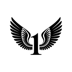 Fototapeta premium Winged Number 1 Black Logo Design, Black number 1 with symmetrical wings, creating a bold and stylish logo. Perfect for branding, aviation, leadership, sports, or creative identity. 