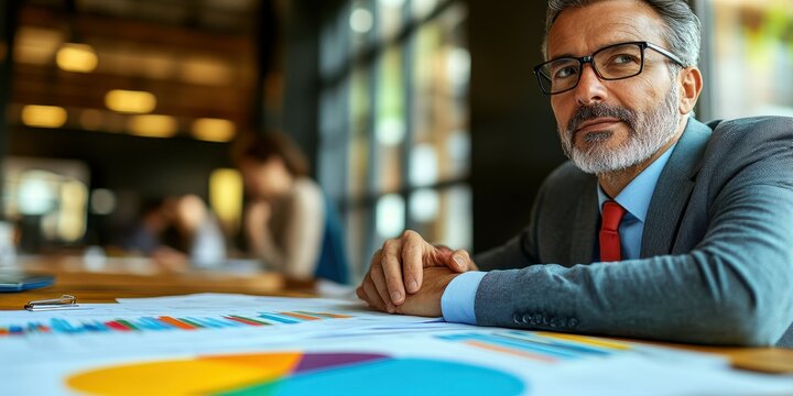 A professional man in a suit focuses on a report with colorful charts during a business meeting. The setting is a contemporary office with colleagues engaged in discussions