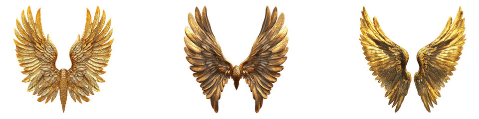 Obraz premium Gold wings isolated on transparent background, PNG, Set of