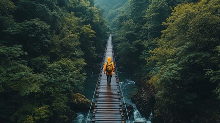 Adventure hiking journey on wooden bridge in lush forest nature photography aerial view